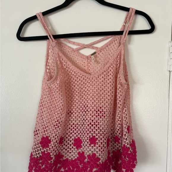 Free People Tops - Free People Blush Pink Crochet Camisole with Bright Pink Floral Hem Size M